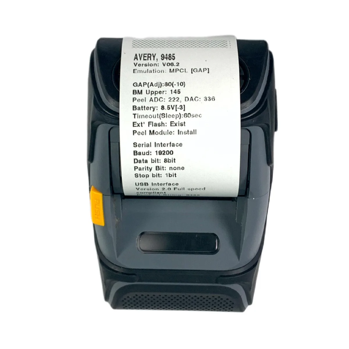 Compact mobile label printer in dark grey plastic with control panel and belt clip