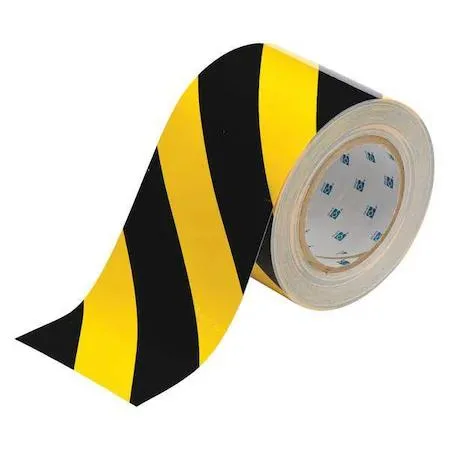 Brady B-514 floor marking tape, black and yellow striped polyester roll, 100 ft
