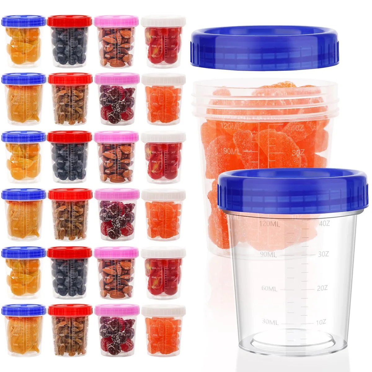 Twenty-four small red plastic containers with matching screw-on lids, each about three centimetres tall
