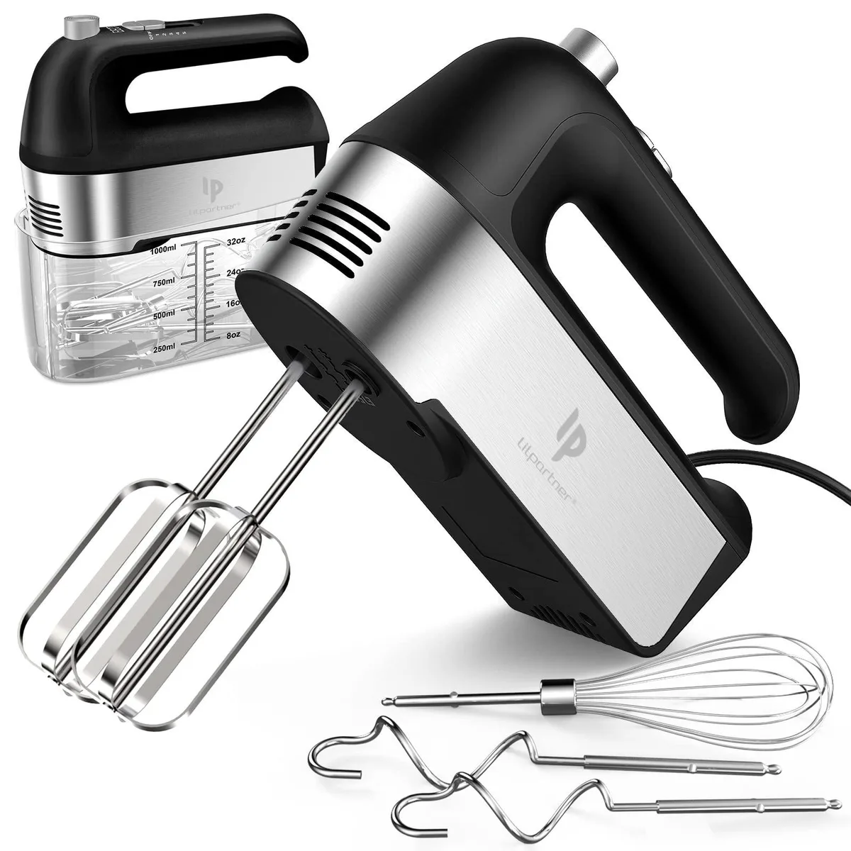 Black electric hand mixer with storage case and stainless steel attachments