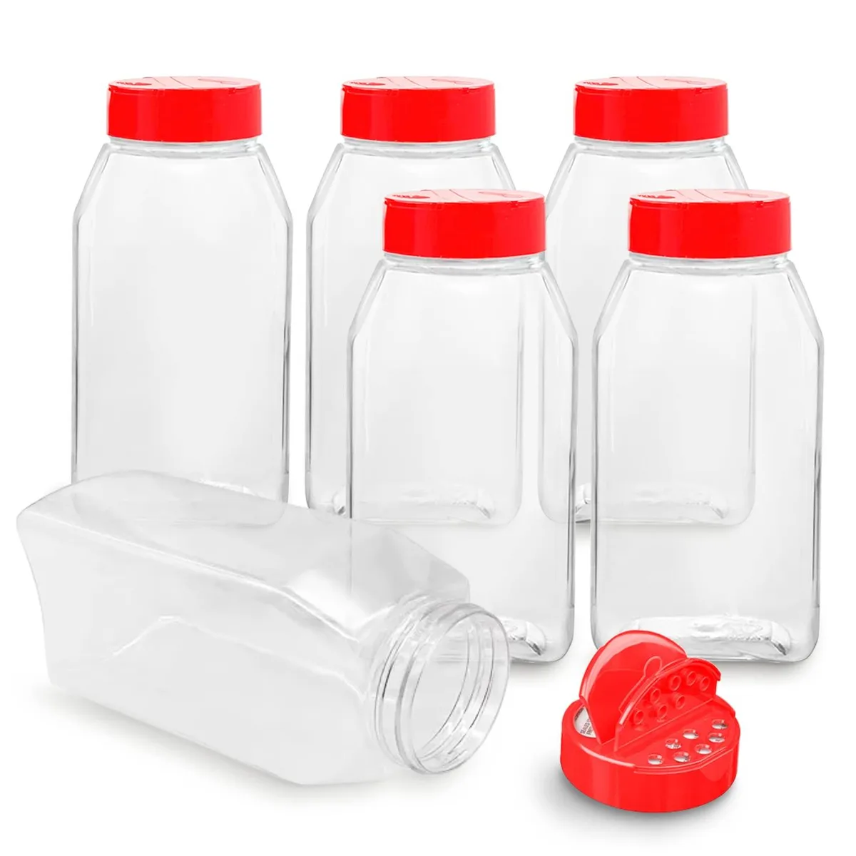 Six clear 32 oz plastic spice jars with red flip-top caps