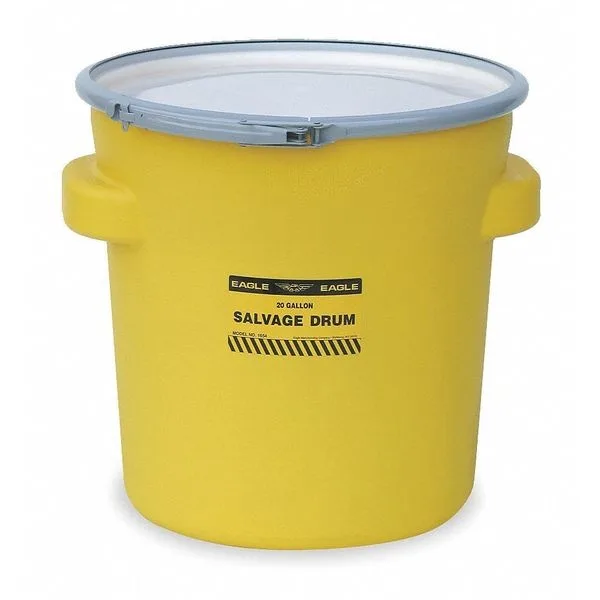 Yellow polyethylene open-head salvage drum with lever-lock ring, 20 gal capacity