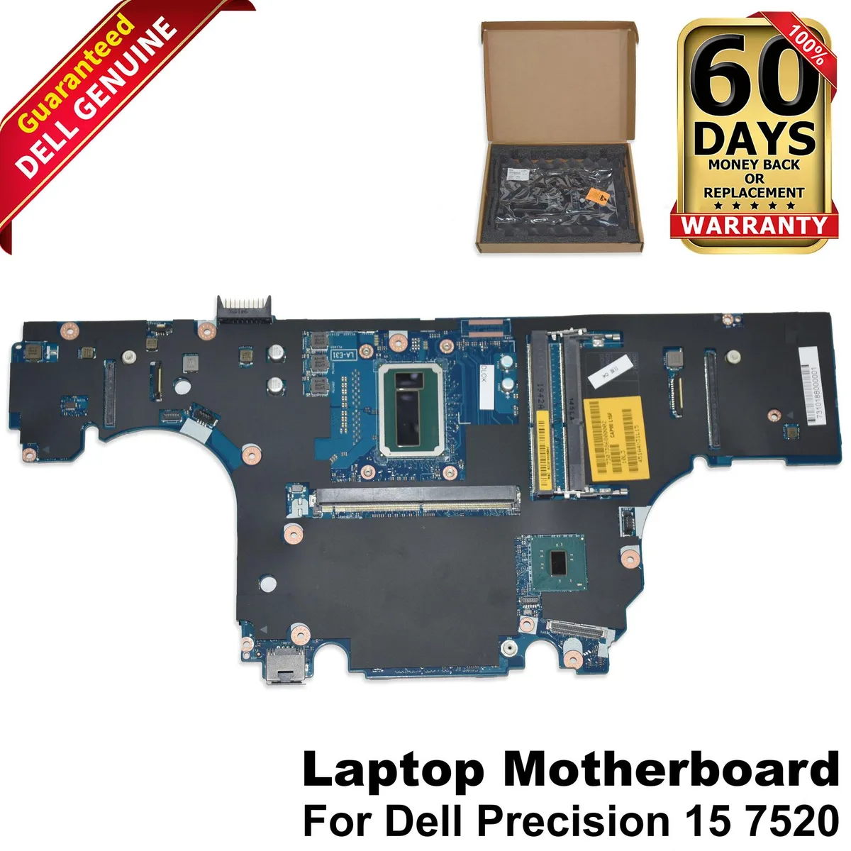 Green laptop motherboard with silver processor socket and four memory slots