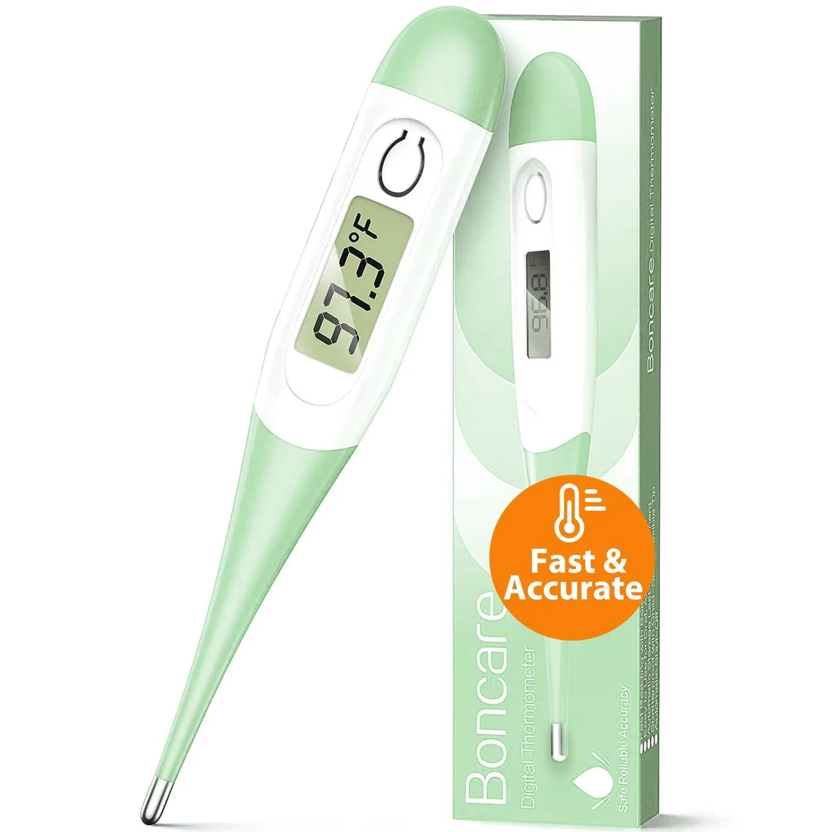 Light green digital thermometer with flexible tip and LCD screen