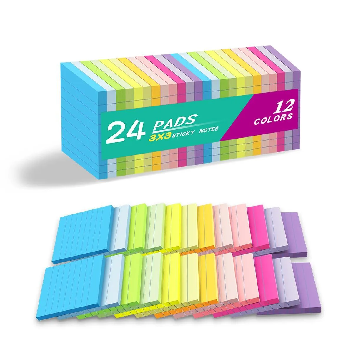 Square yellow sticky note pads with printed lines, stacked in a multi-colour pack
