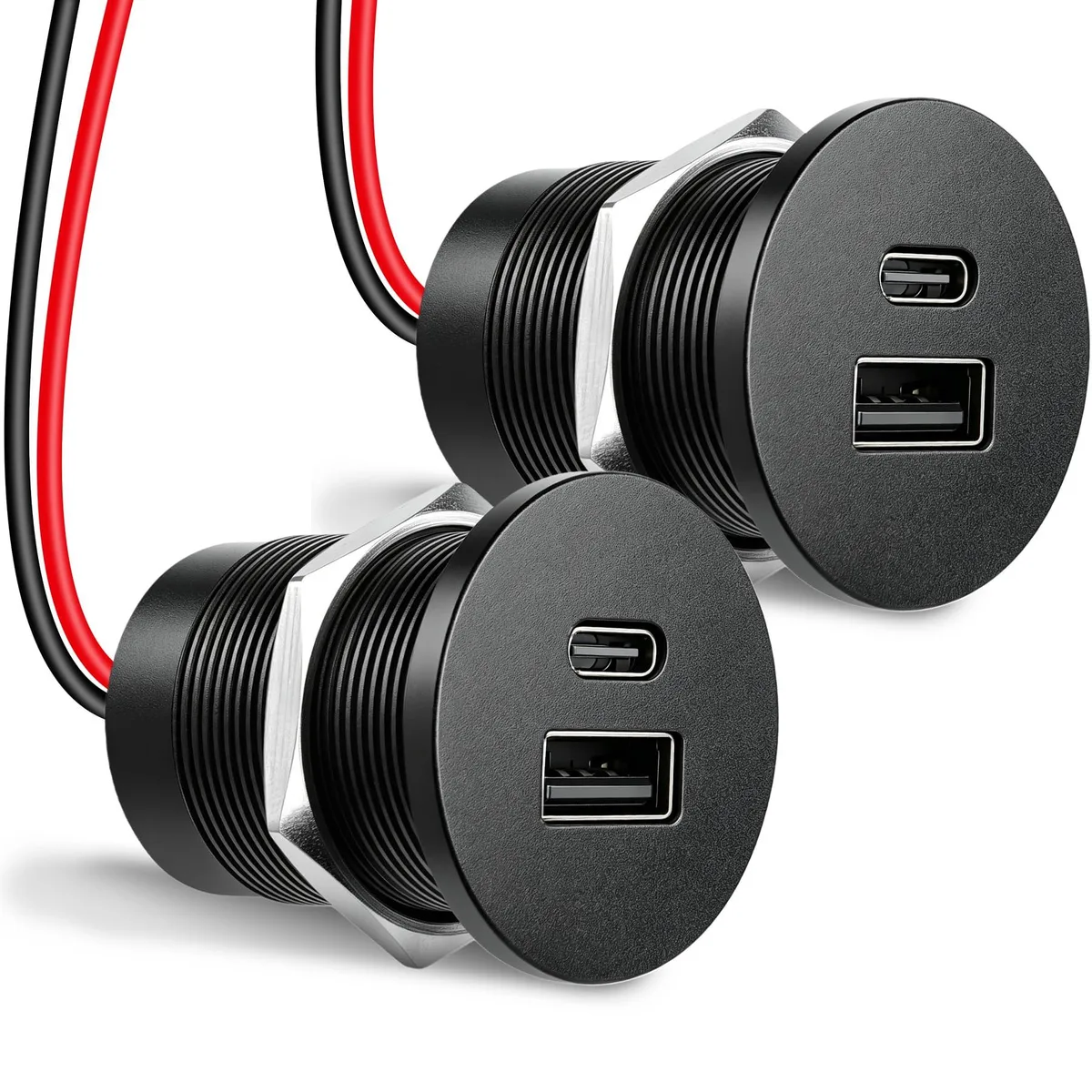 Two flush-mount USB chargers, aluminium body, USB-C and USB-A ports, no LED light