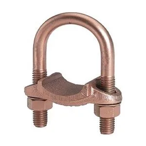 Copper ground clamp for 1.25 inch pipe, compact rectangular body with bolt hardware