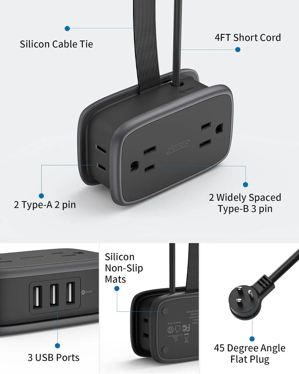 NTONPOWER NTONPOWER 2-Pack Travel Power Strip 4ft Flat Plug 4 Outlets 3 USB Black — product photo