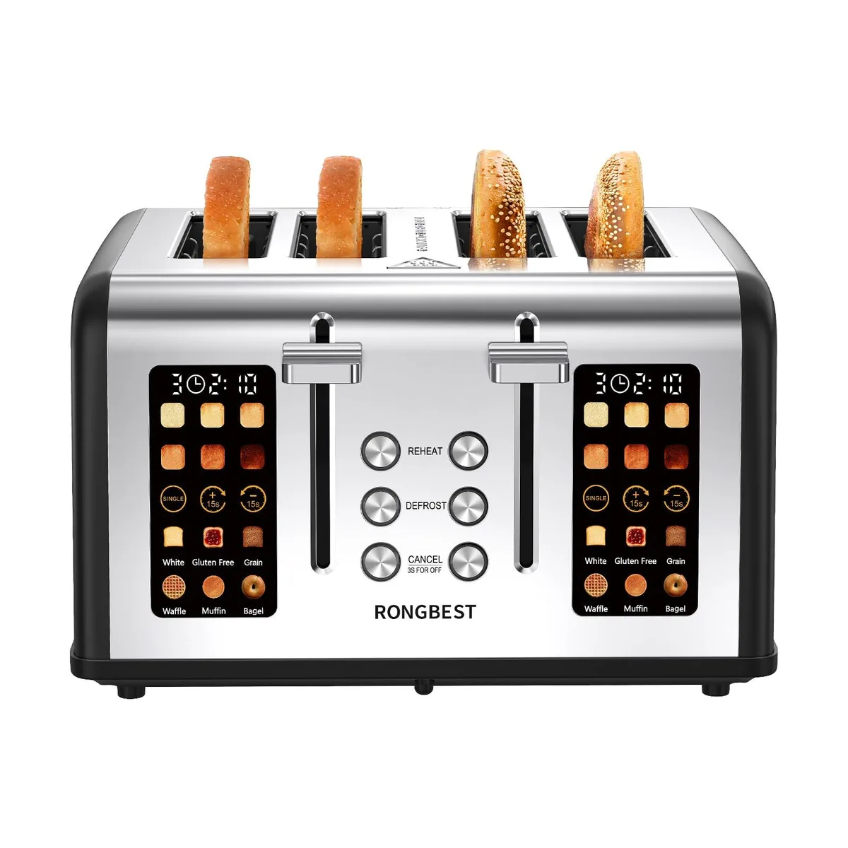 Purple four-slice toaster with dual 4.4-inch touchscreens and stainless steel finish