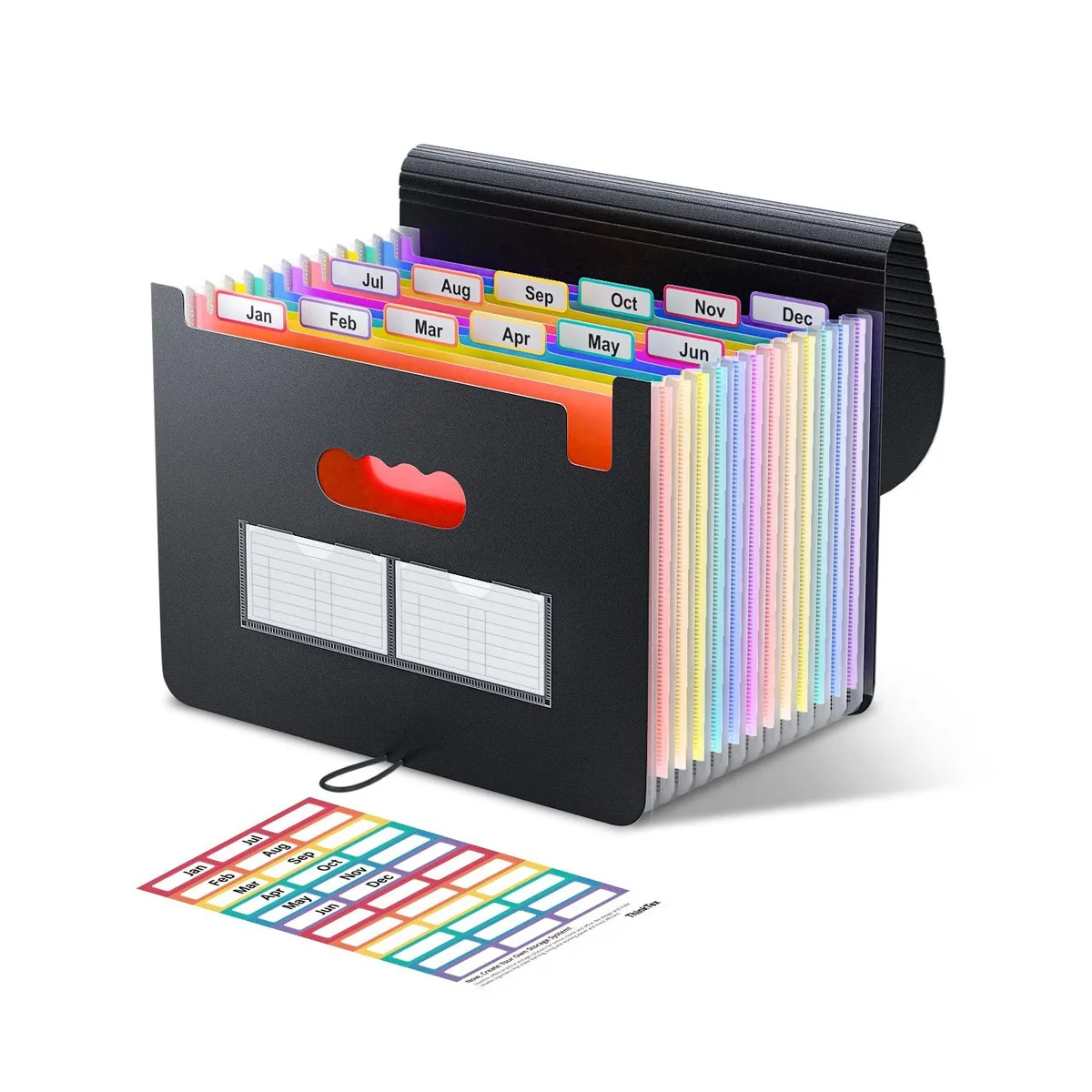 Black polypropylene accordion folder with 12 expandable pockets and coloured tabs