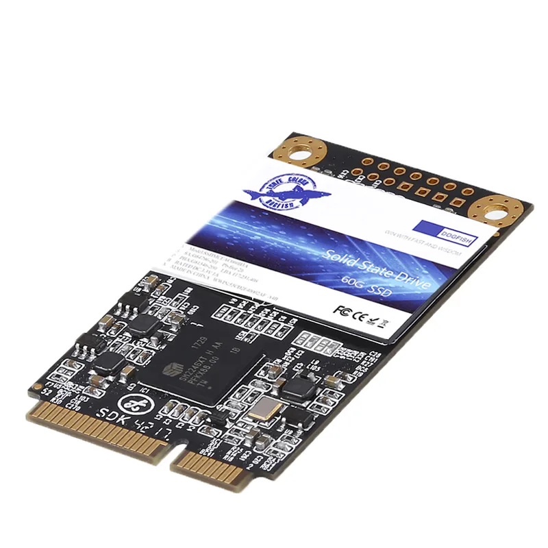 Small rectangular mSATA SSD, green circuit board with black chips, gold edge connector, 30 by 50 millimetres