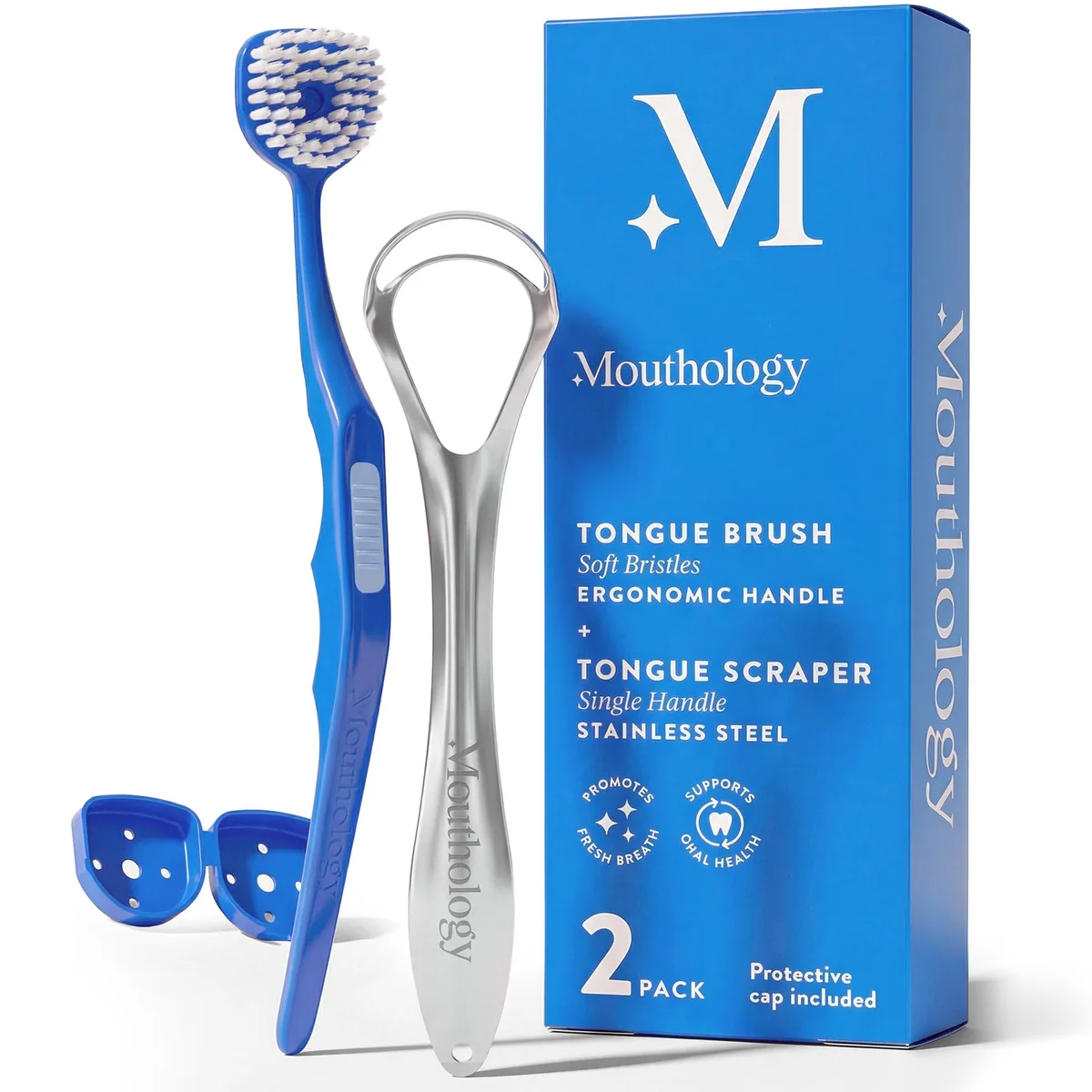 Two blue tongue brushes with ergonomic handles and protective caps