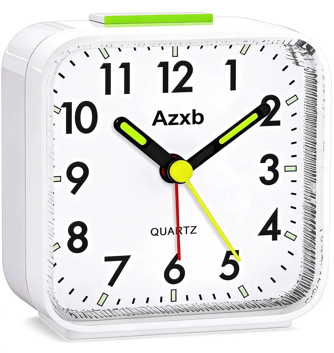 Small analog alarm clock, matte finish, glow-in-the-dark hands, top snooze button