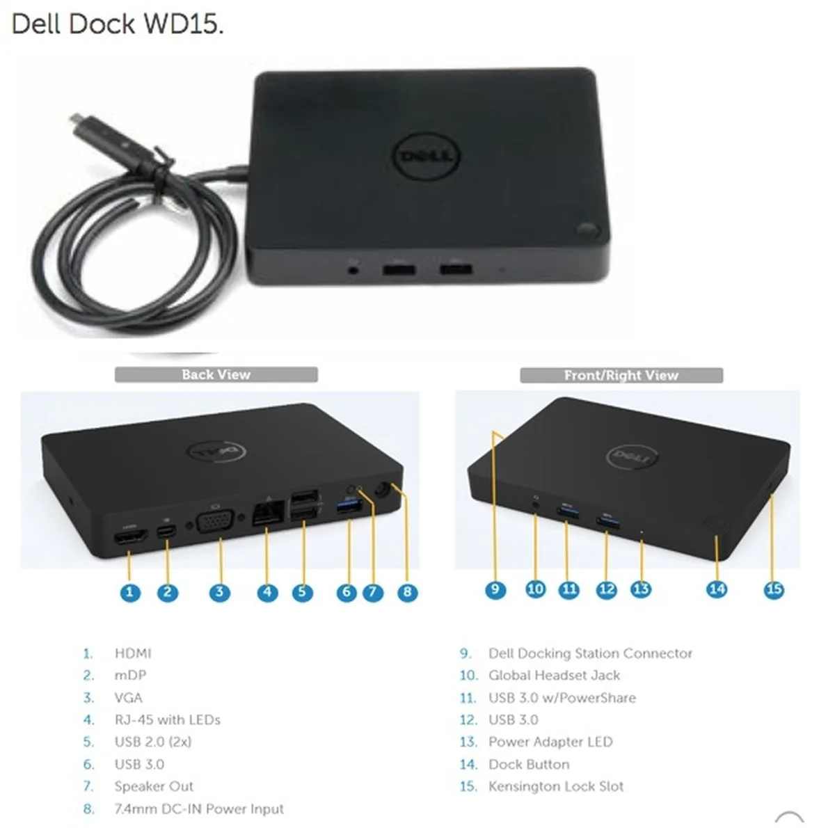 DELL DELL WD15 4K Docking Station USB-C (No Power Adapter) — product photo