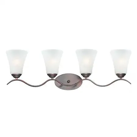 Oil rubbed bronze vanity light with four frosted glass shades on gently waving arms