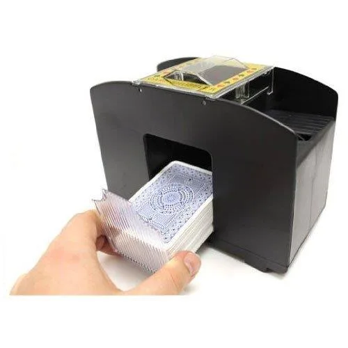 Black rectangular card shuffler with four deck slots and button control