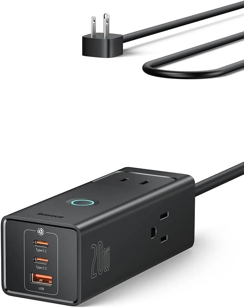 Compact white power strip with three AC outlets and three USB ports, ice-blue illuminated switch