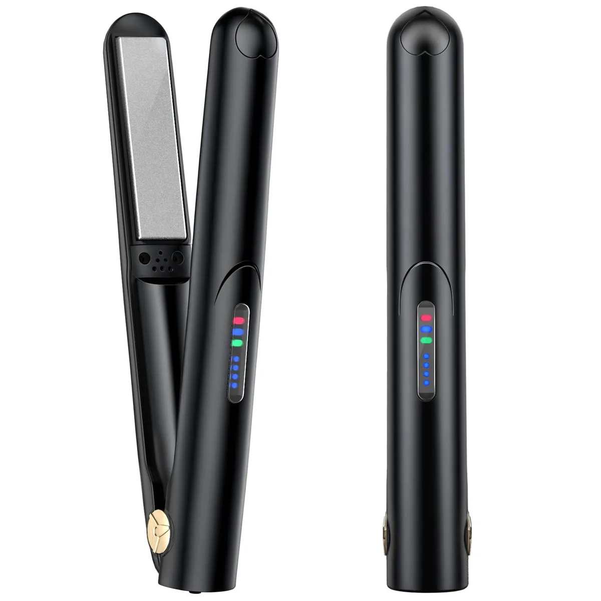 Black cordless 2-in-1 ceramic flat iron with 18 mm plates and USB rechargeable 3200 mAh battery