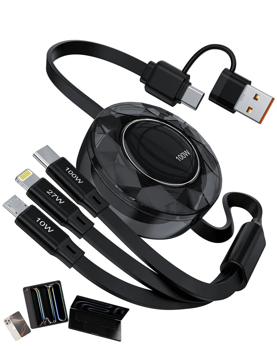White retractable cable with multiple connector tips extended to 1.2m