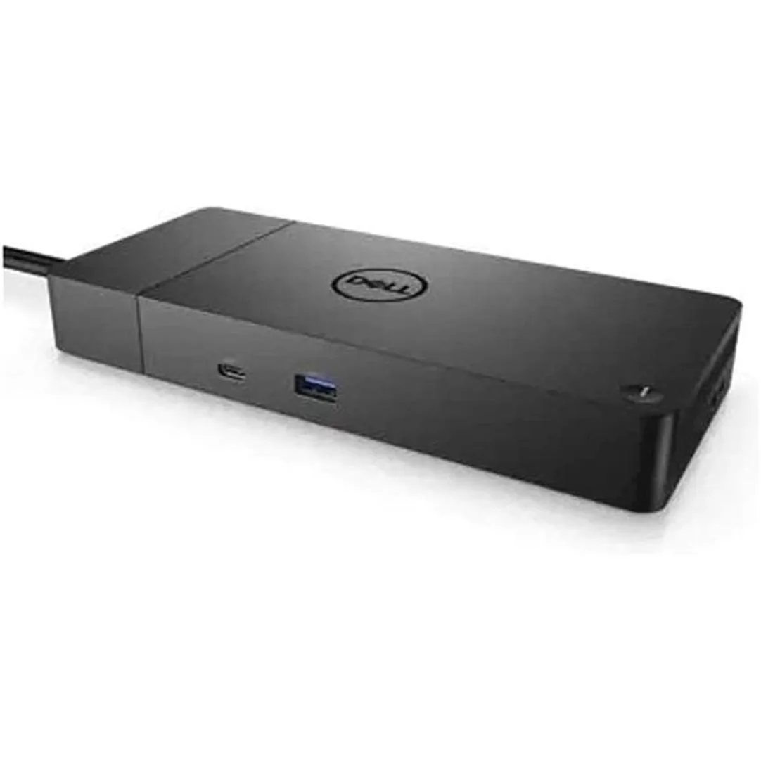 Black rectangular docking station, flat low profile, integrated Thunderbolt cable visible