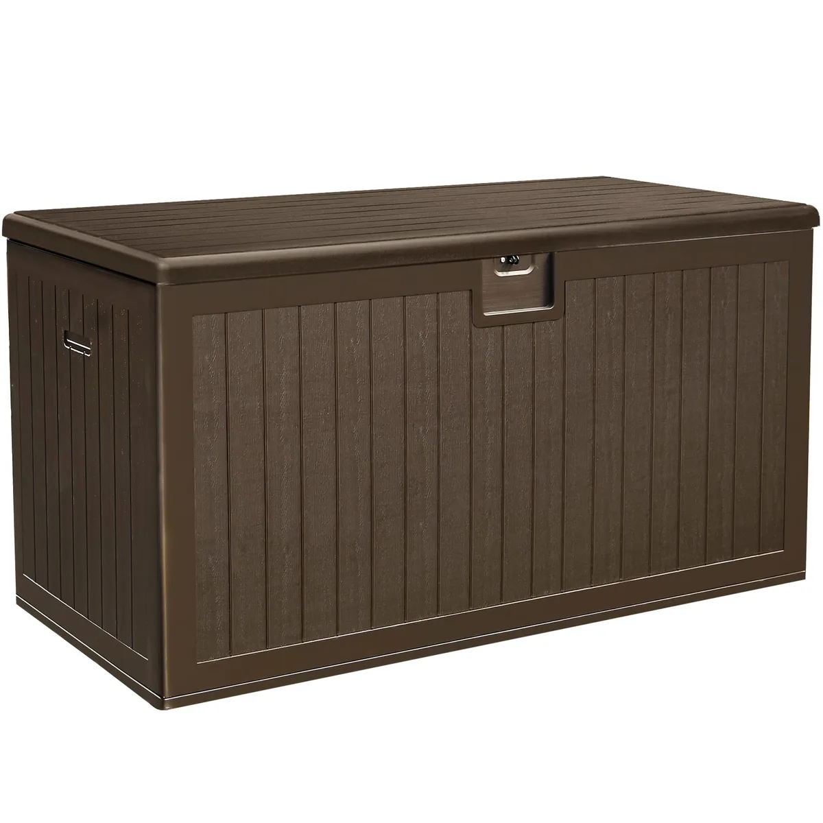 Large rectangular resin deck box in wood-panel finish with double-wall construction and side handles