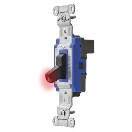 Black toggle wall switch with pilot light, snap-in wiring module