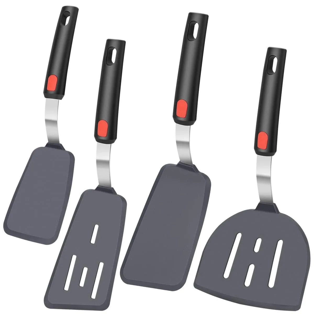 Four black silicone spatulas with stainless steel cores on a flat surface