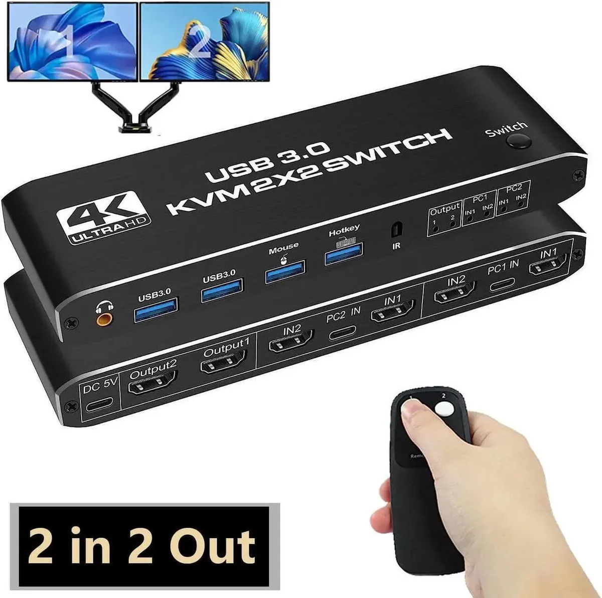 Vszerda Vszerda Dual Monitor HDMI KVM Switch 2×2 4K@60Hz USB 3.0 Audio Hotkey Black — product photo