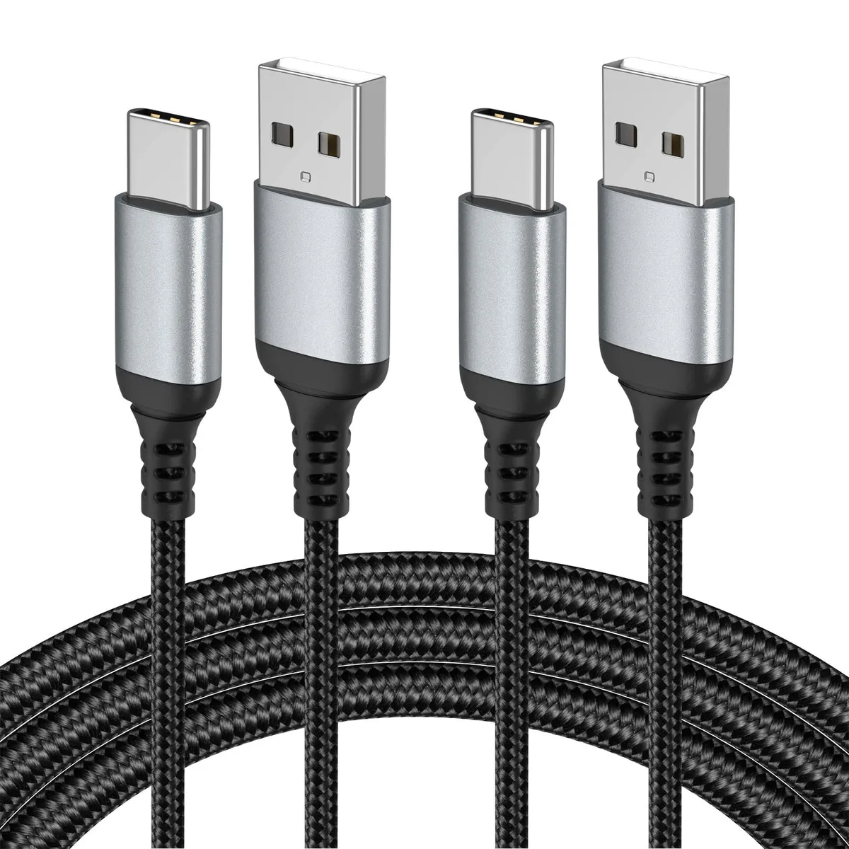 Two black braided USB-A to USB-C cables, each three feet long