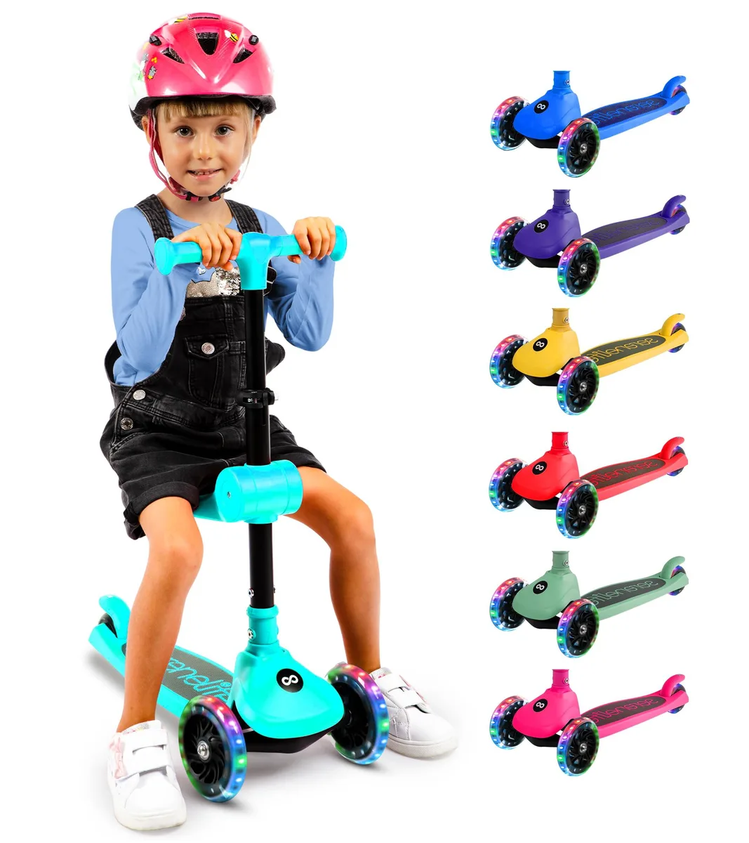 Three-wheel foldable kids scooter with LED wheel lights, adjustable handlebar 24.40 to 28.34 inches, rear foot brake, anti-slip deck