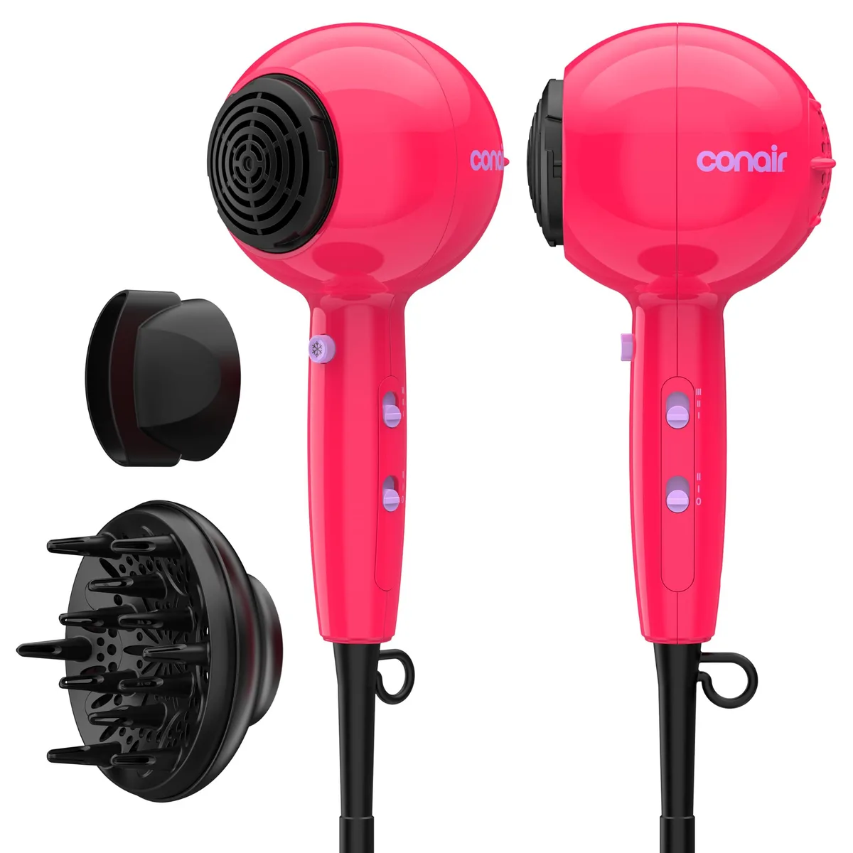 Pink compact hair dryer with rounded shape and diffuser plus concentrator attachments