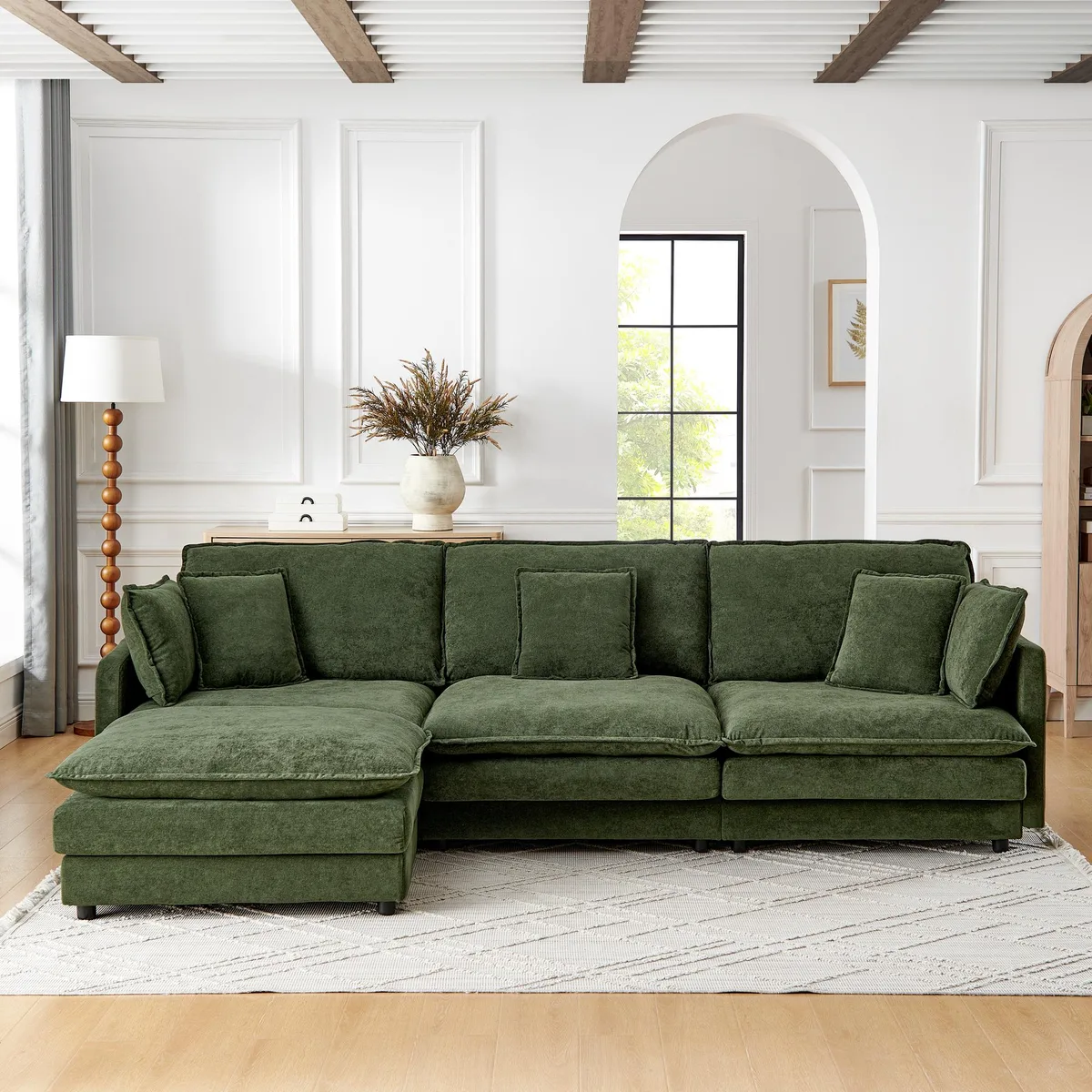 Green L-shaped sectional sofa with removable ottoman, towel fabric finish