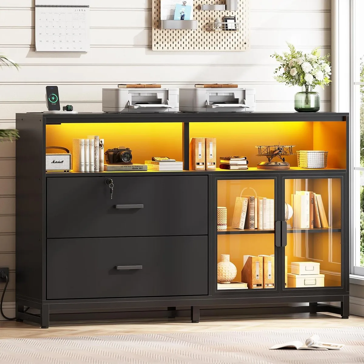 BFKK BFKK 59 inch File Cabinet, 2 Drawers, Lock, Power Outlets, LED Lights, Printer Stand, Black — product photo