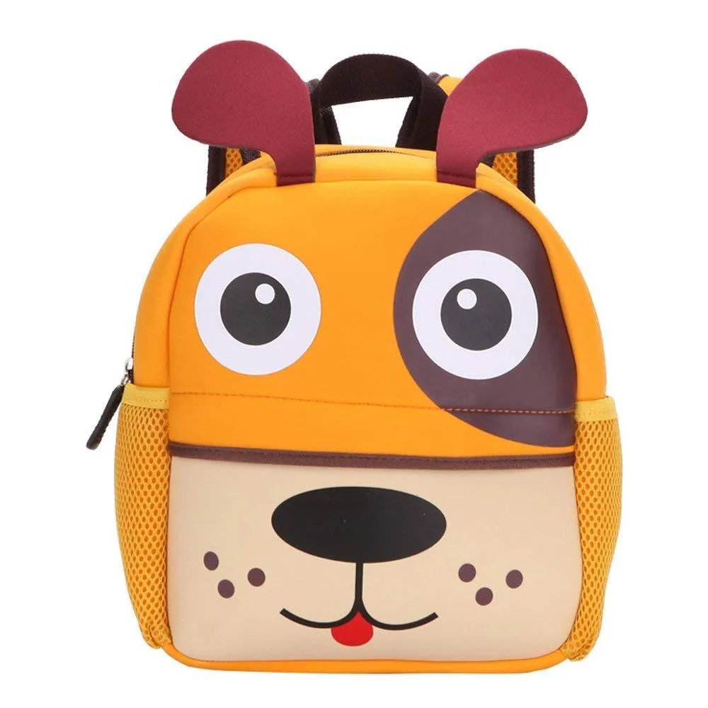 Small beige neoprene backpack with cartoon dog print, padded straps and side mesh pockets