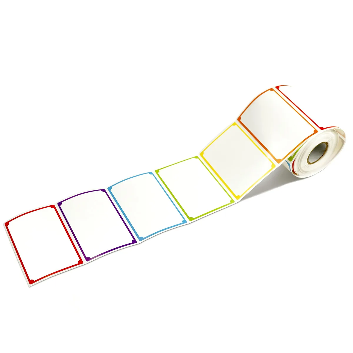 Roll of 300 rectangular name-tag stickers with six coloured borders, perforated for easy peeling