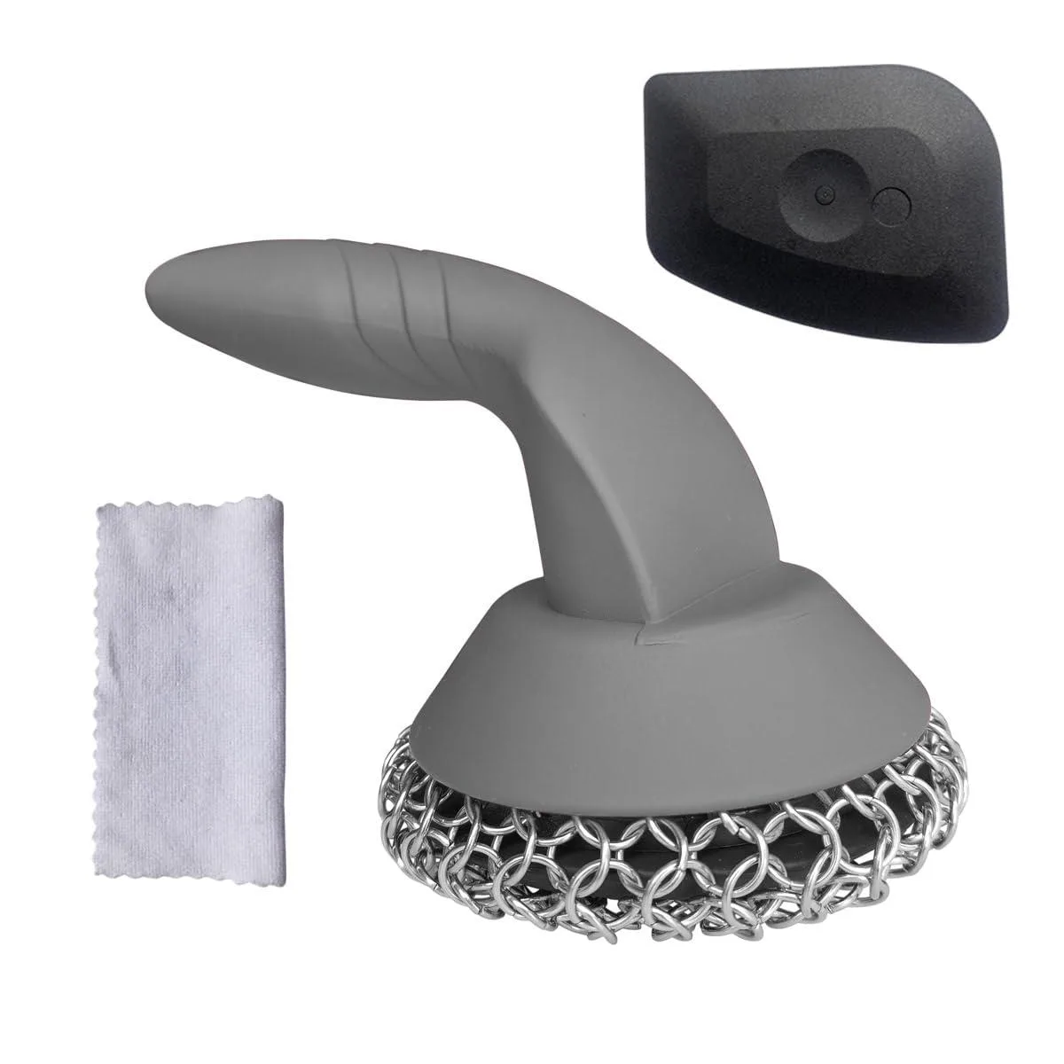 Grey 316 stainless steel chainmail scrubber with long ergonomic handle pan scraper and microfiber towel