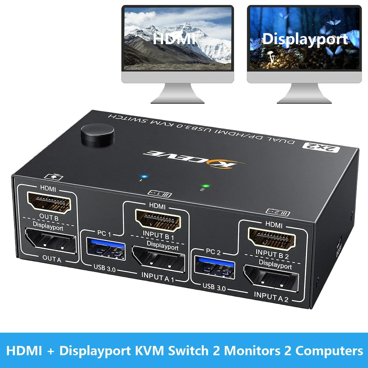IHDAPP IHDAPP KC-202DH Dual-Monitor KVM Switch 2×HDMI/DP 8K60 4K144 USB3.0 Wired Remote — product photo