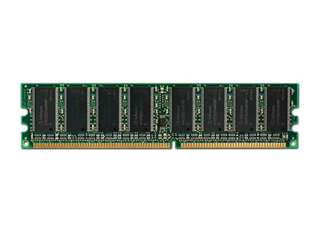 Green rectangular circuit board with gold edge connector and black memory chips