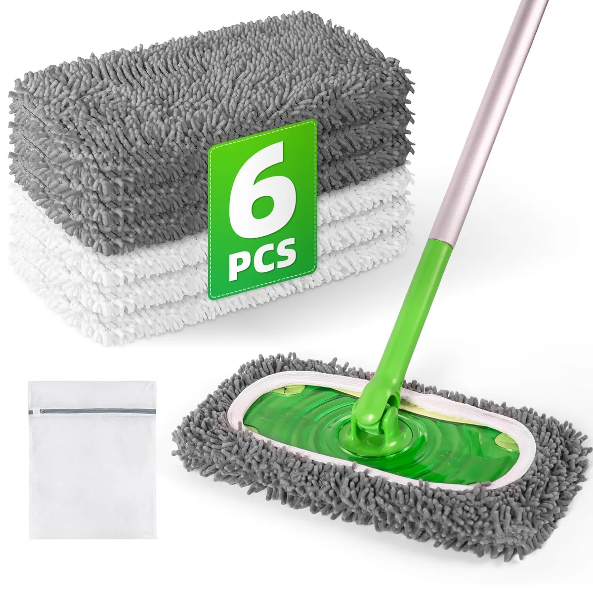 Six reusable microfiber mop pads in gray and white, rectangular with textured chenille surface