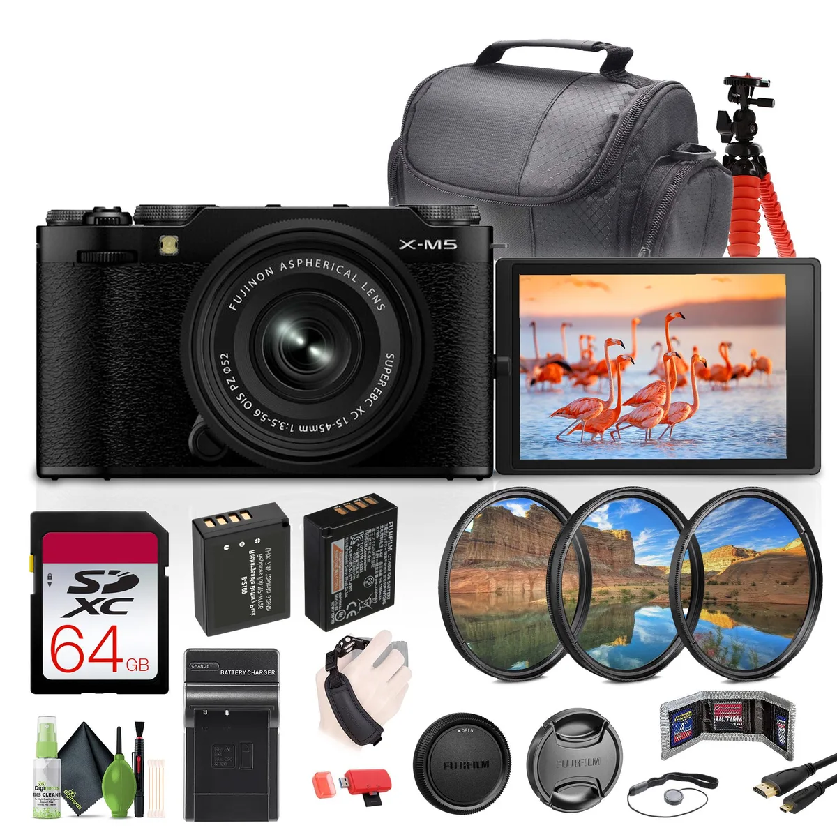 FUJIFILM FUJIFILM X-M5 26.1MP Compact Mirrorless Camera + XC 15-45mm f/3.5-5.6 OIS PZ Lens - Black — product photo