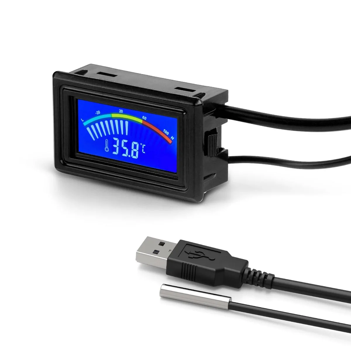 Small rectangular USB thermometer with LCD screen and stainless steel probe on one metre cable