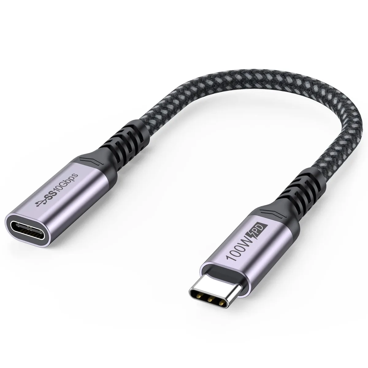 Short grey braided USB-C extension cable with male and female ends