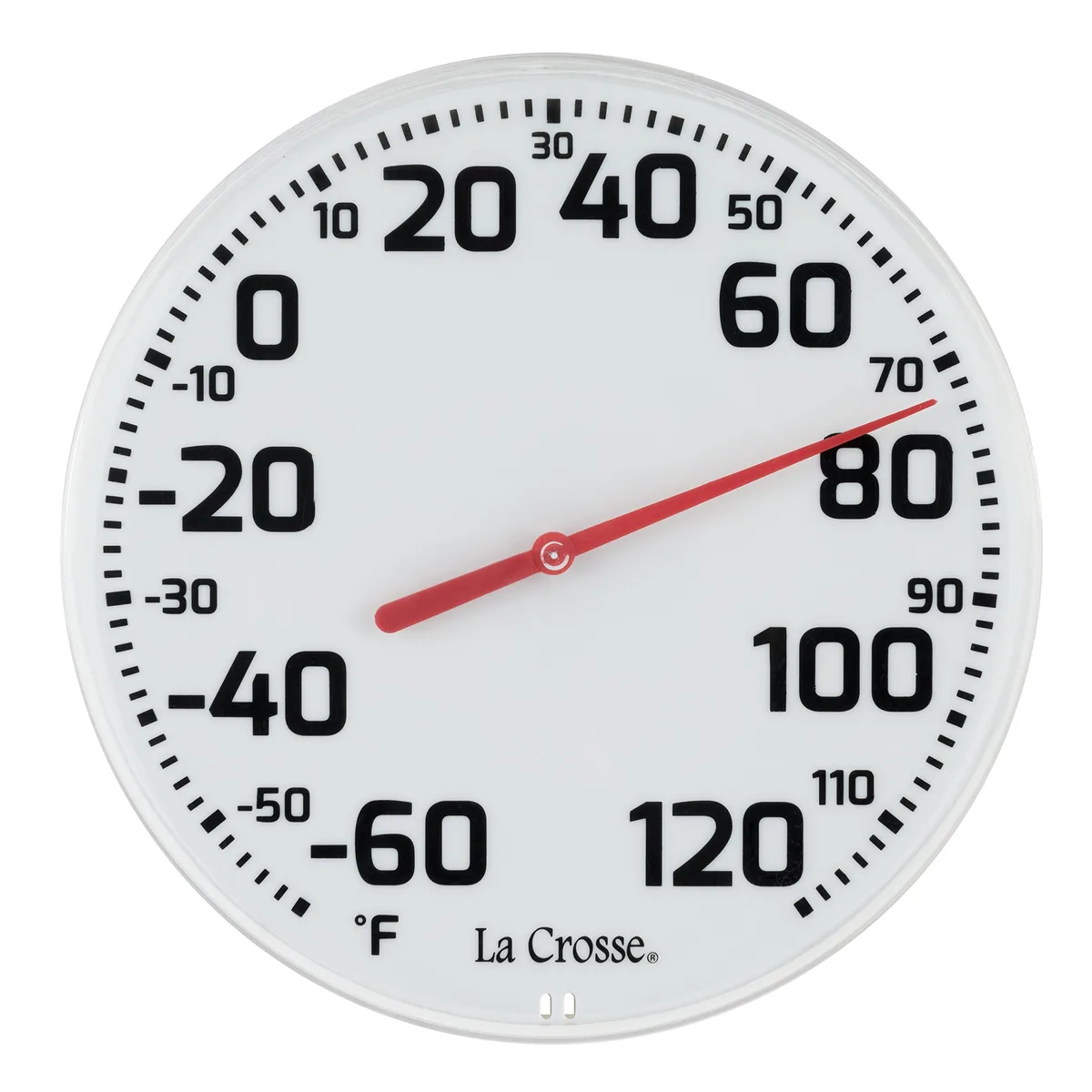 White 8-inch round analog dial thermometer with red indicator and plastic frame