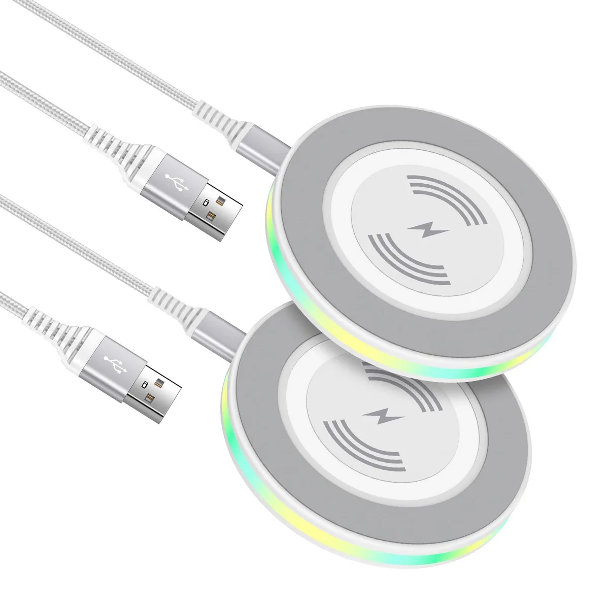 Two slim white wireless charging pads with rounded arc edges and USB-C cables
