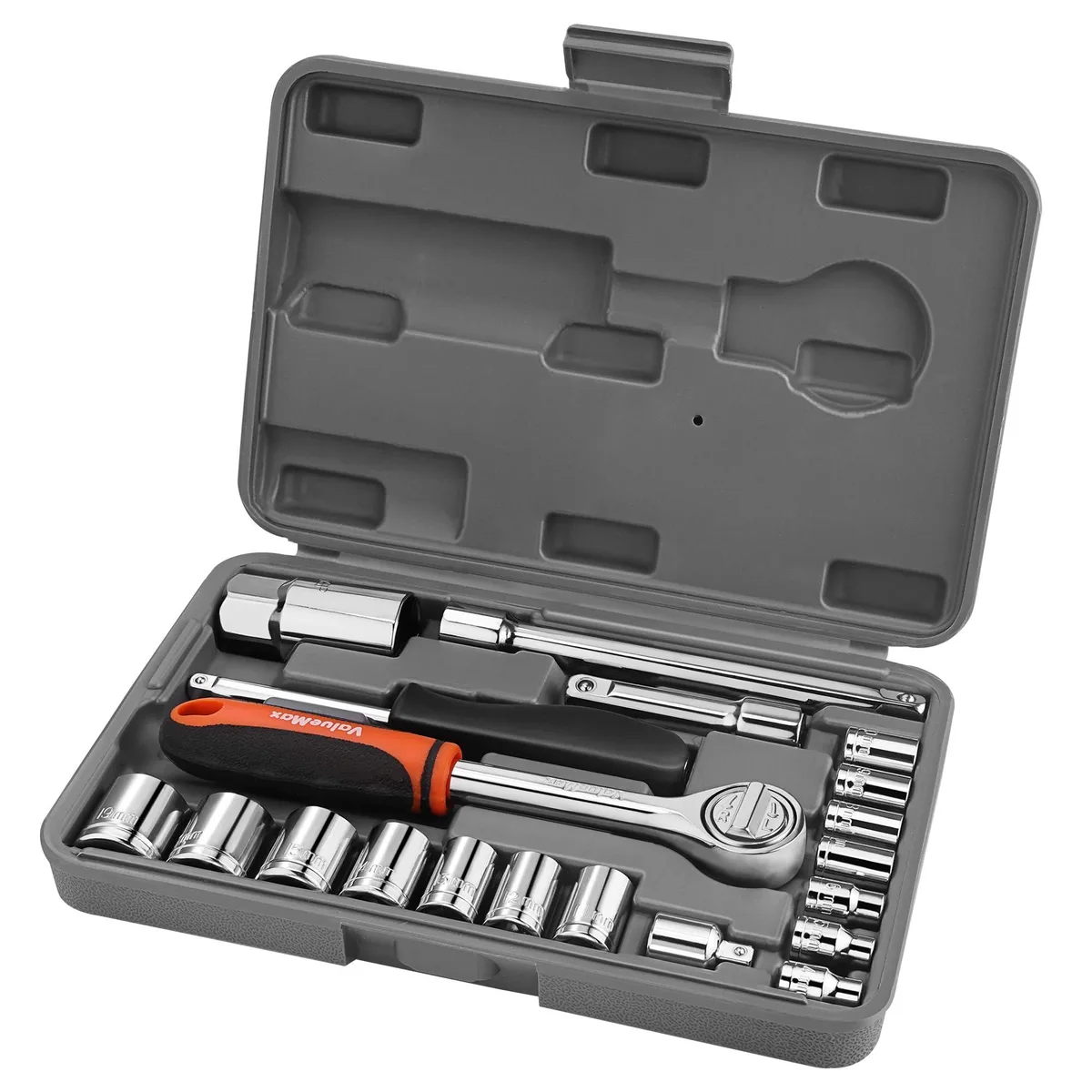 21-piece metric socket set in storage case, carbon steel, orange-black ratchet handle, extension bars, spinner handle, adapter