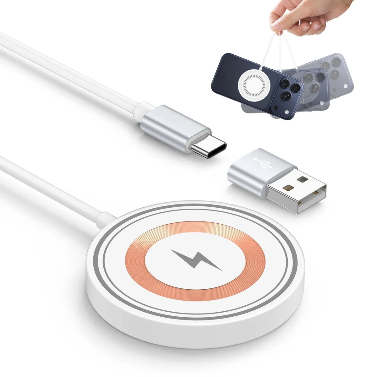 White 4FT Lightning cable with USB-C and USB-A connectors