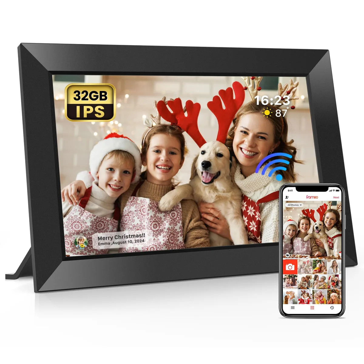 Black rectangular digital photo frame with 10.1 inch touch screen and detachable stand