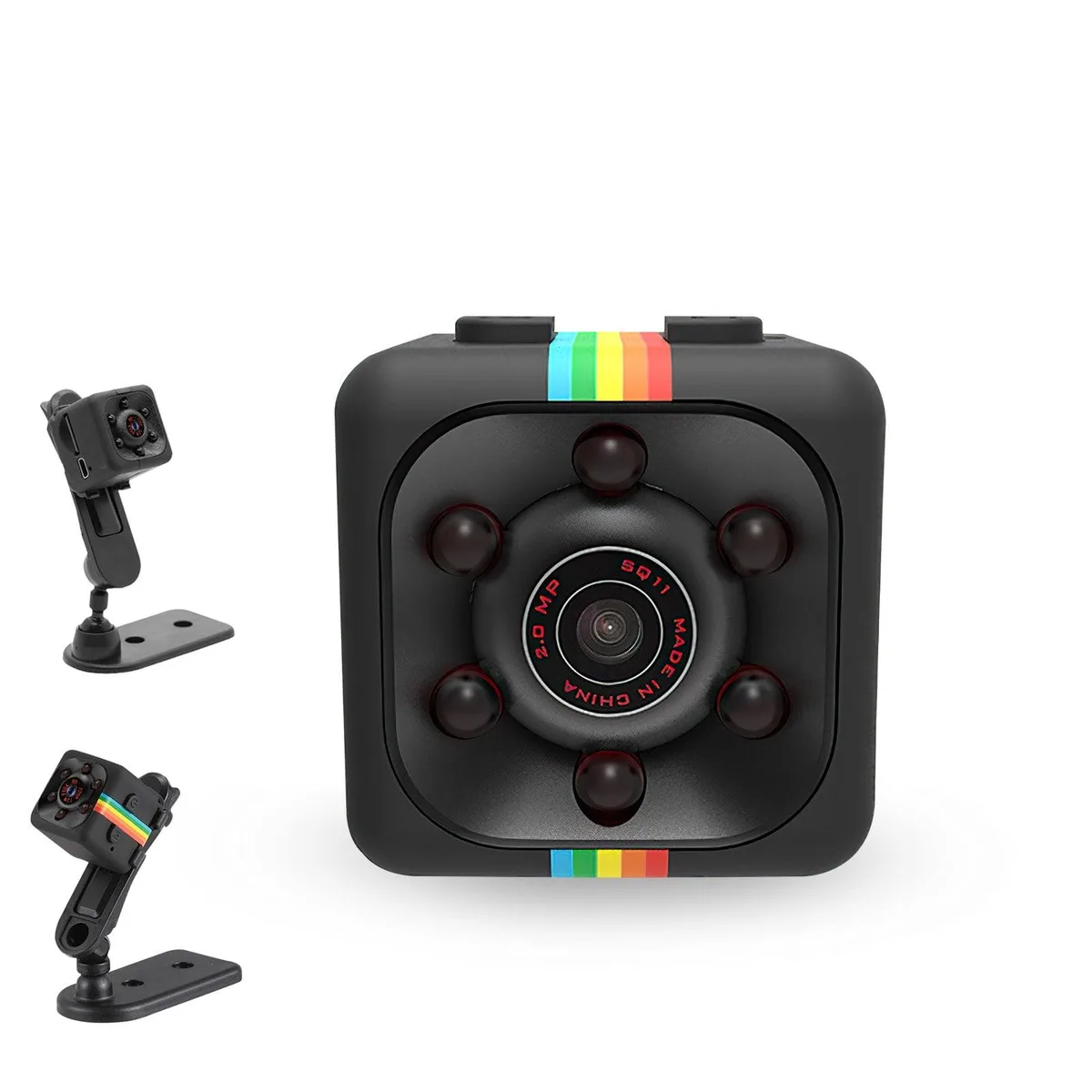 Tiny black cube camera with rotating clip and USB cable