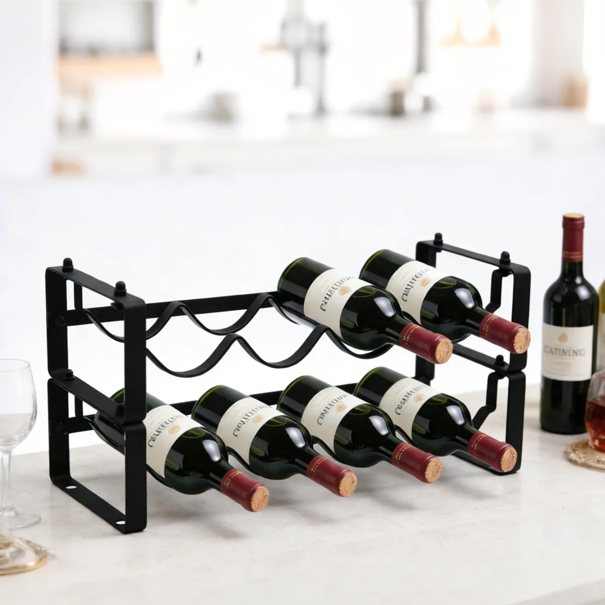 Black metal two-tier tabletop wine rack with curved bottle cradles, 16.8 by 6.8 by 8.1 inches, holds eight bottles