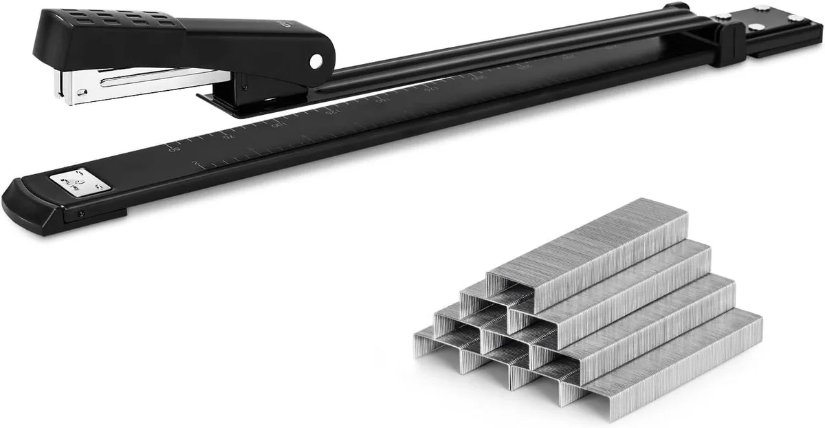 Black metal long-reach stapler with 12-inch throat depth and adjustable paper guide
